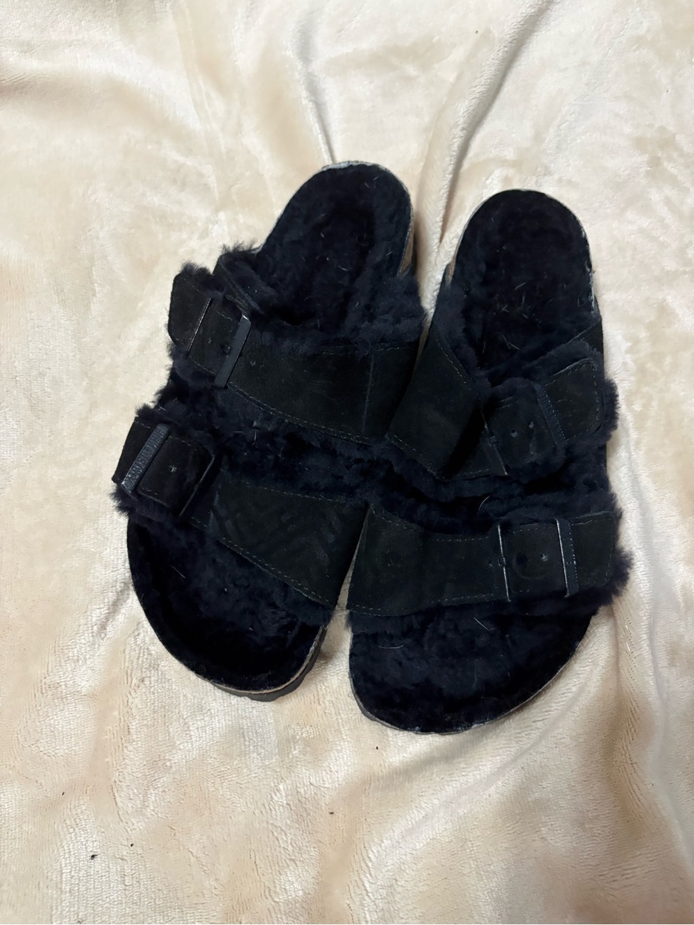 Birkenstock Black Fuzzy Two-Strap Slide Sandals